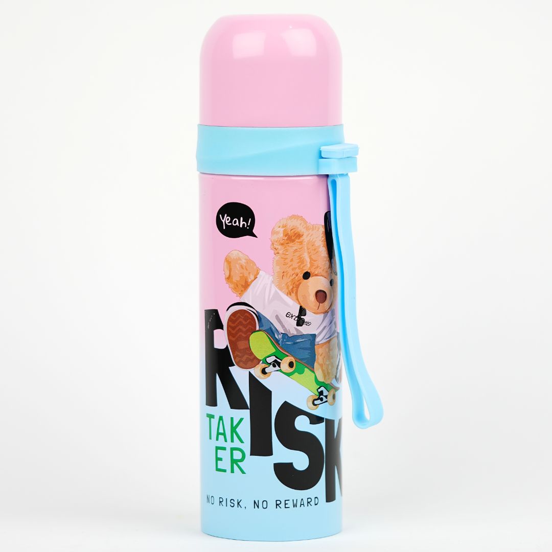 Pink Thermos with Teddy Bear on Skateboard | Insulated Water Bottle | Pakistan