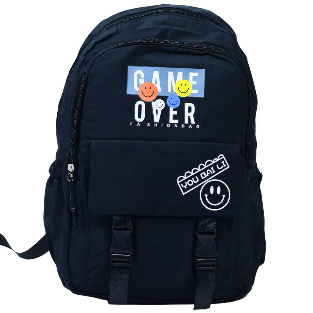 16 Inch Black Backpack with Smiley Face Sticker