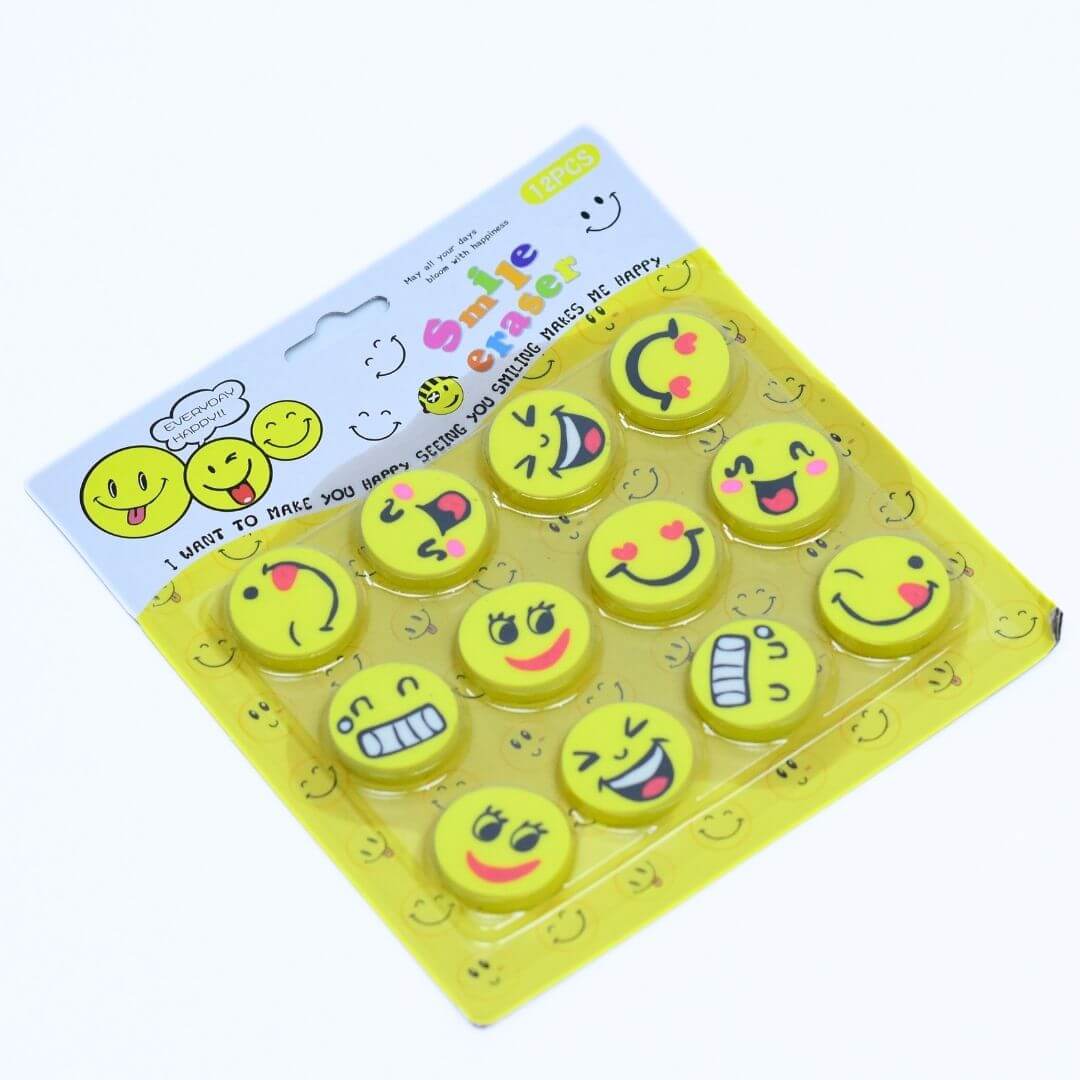 12 Smileys Character Eraser Set - Non-Toxic, Fun and Colorful Erasers for Kids