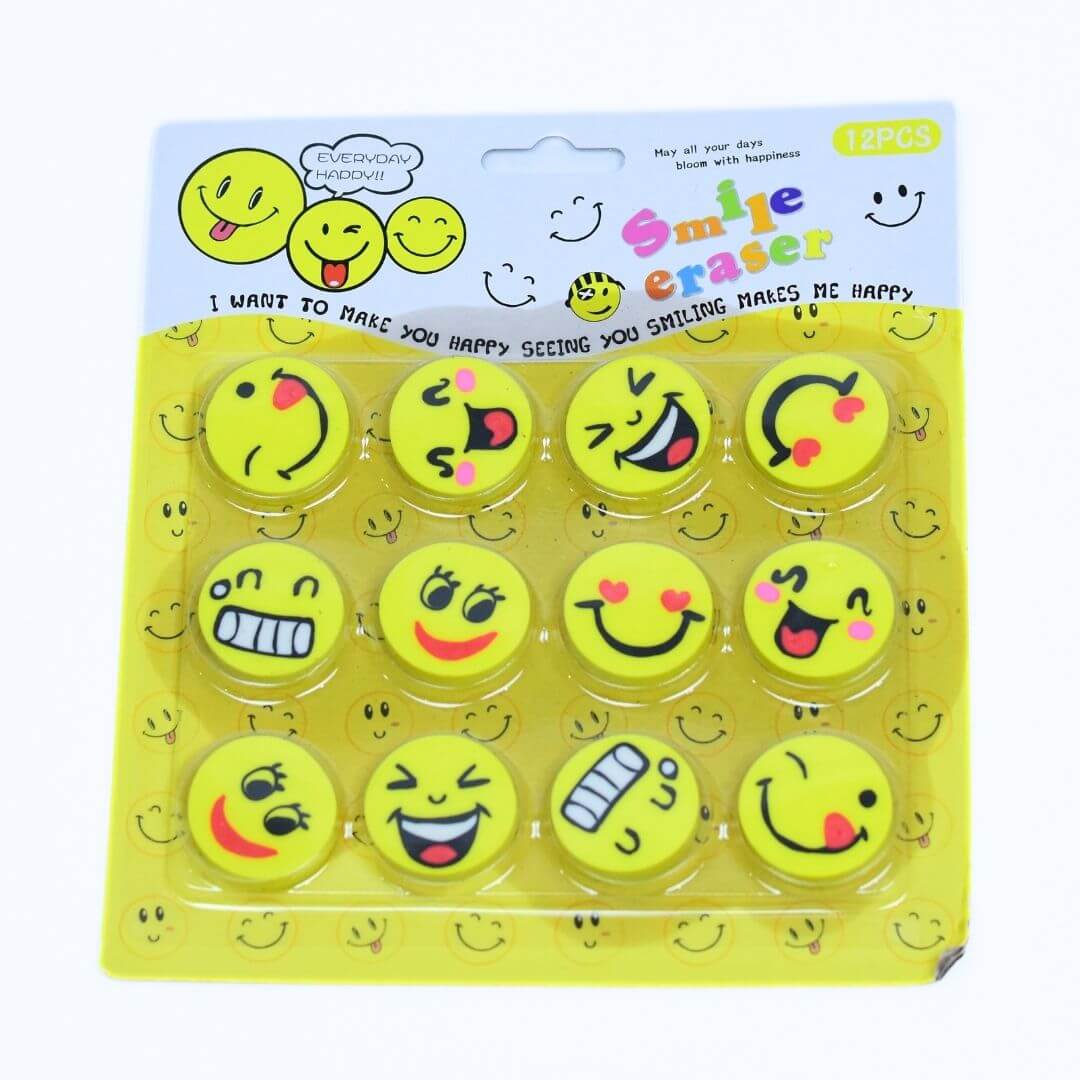 12 Smileys Character Eraser Set - Non-Toxic, Fun and Colorful Erasers for Kids