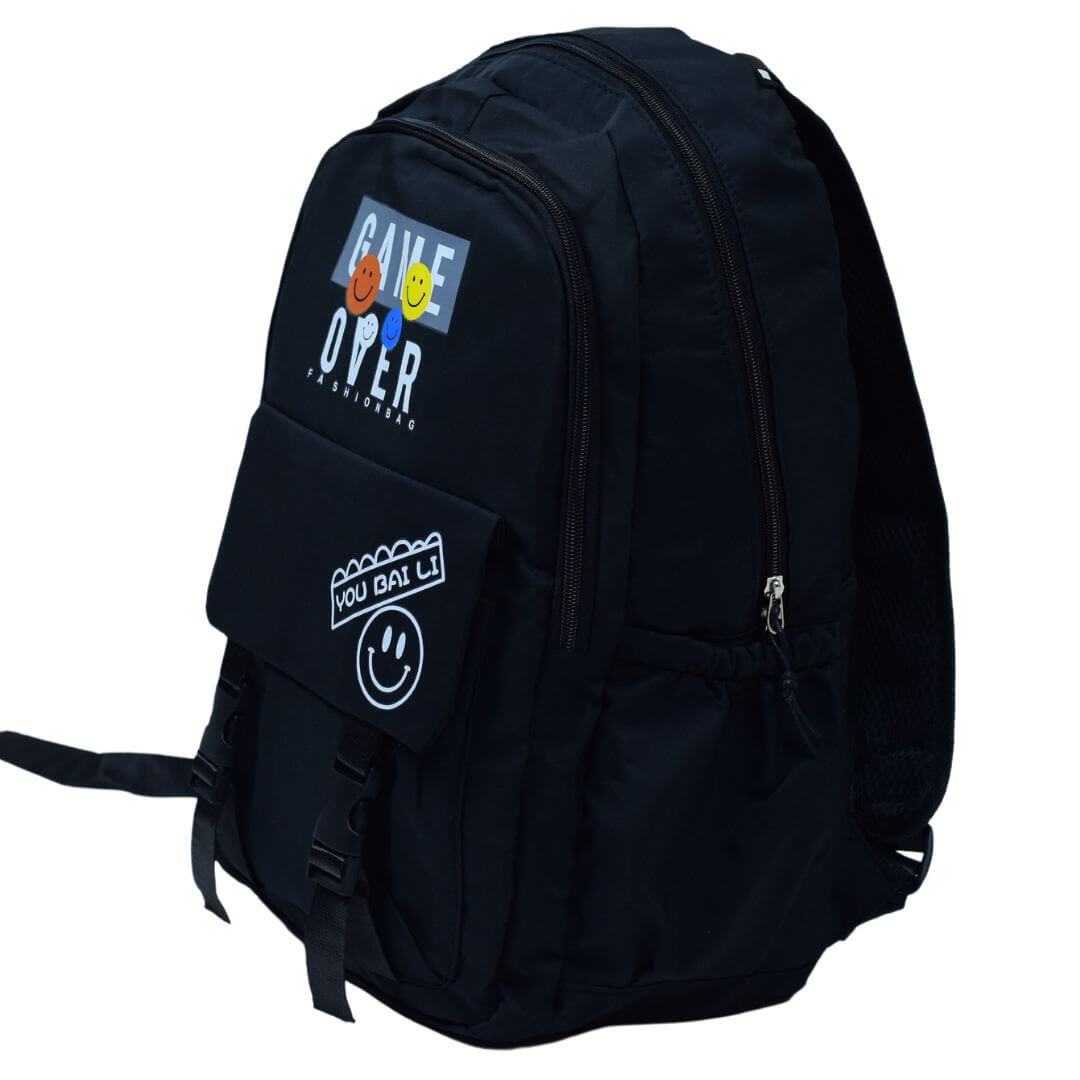 16 Inch Black Backpack with Smiley Face Sticker