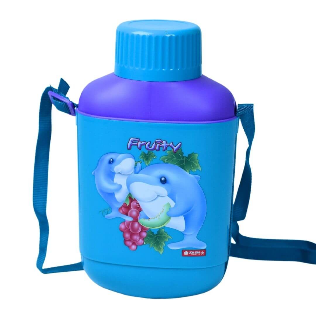 1000ml Blue Water Bottle with Dolphin Eating Grapes Design