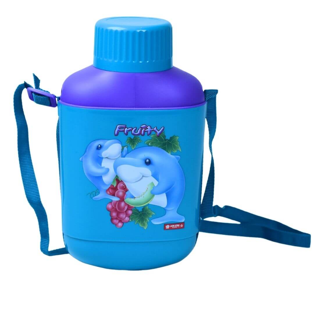 1000ml Blue Water Bottle with Dolphin Eating Grapes Design