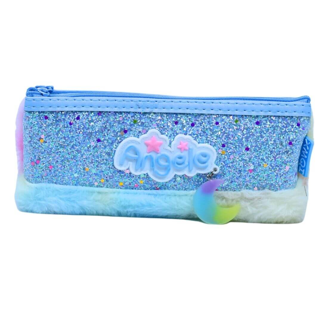 Angele Glitter and Rainbow Fur Pencil Case Pouch - Cute and Functional Stationery Bag