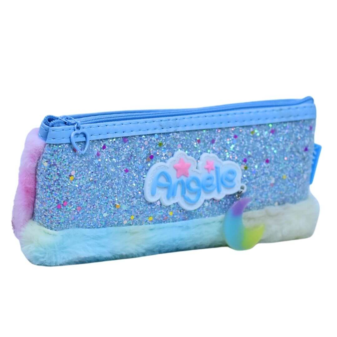 Angele Glitter and Rainbow Fur Pencil Case Pouch - Cute and Functional Stationery Bag