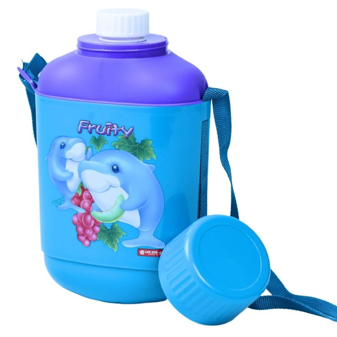 1000ml Blue Water Bottle with Dolphin Eating Grapes Design