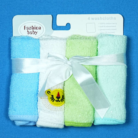 Fashion Baby Washcloths (Pack of 4) – 100% Cotton Terry, Soft, Absorbent, Generously Sized | Made in Thailand | Babypro.pk