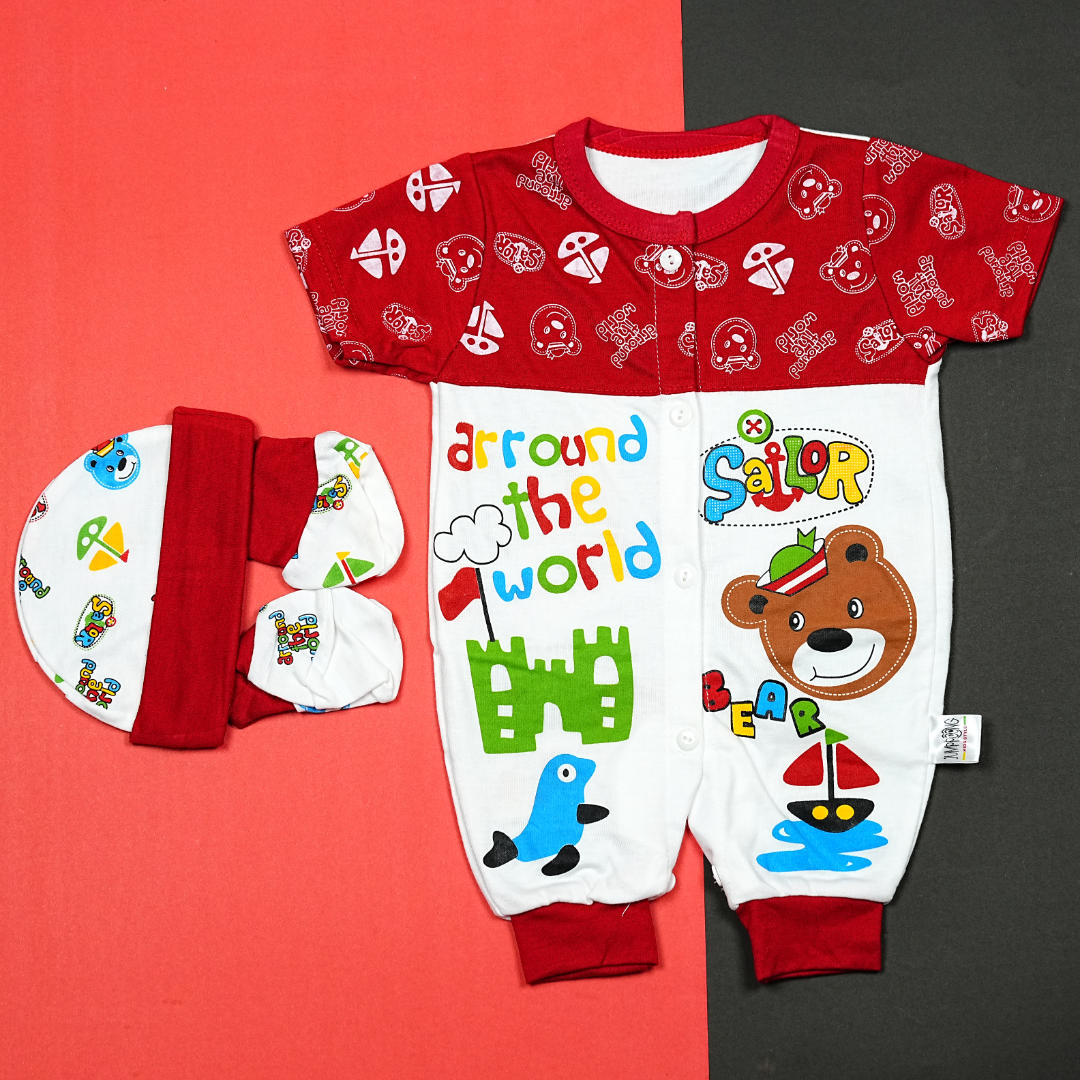 Thailand's Finest: Ultra-Soft Baby Romper Set with Hat & Mittens (0-3 Months)