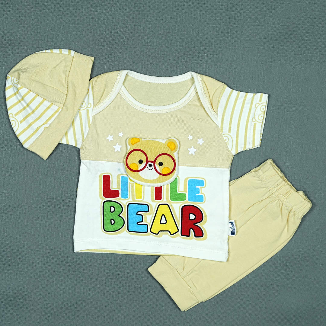 Little Bear Newborn Outfit (3 Pcs) – Soft Cotton Infant Set with Cap & Pants | Babypro.pk