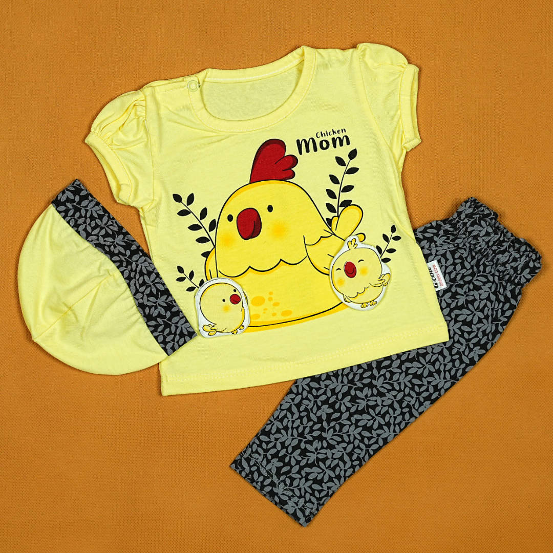 Chicken Mom 3-Piece Baby Girl Set - Adorable Cotton Outfit with Matching Cap & Pants | Babypro.pk