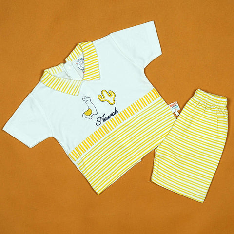 Newrah Llama 2-Piece Baby Boy Set – Soft Cotton Shirt and Striped Shorts | Babypro.pk