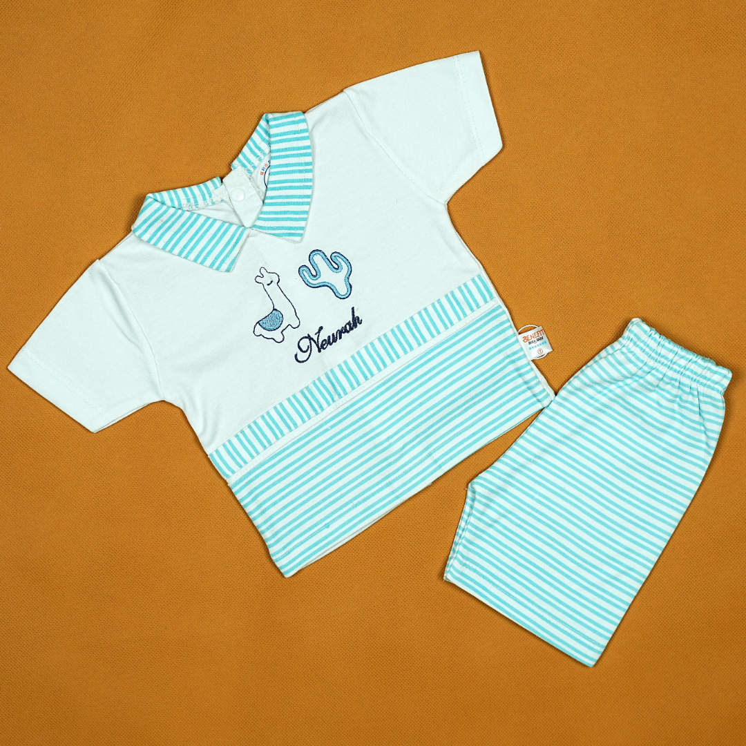 Newrah Llama 2-Piece Baby Boy Set – Soft Cotton Shirt and Striped Shorts | Babypro.pk