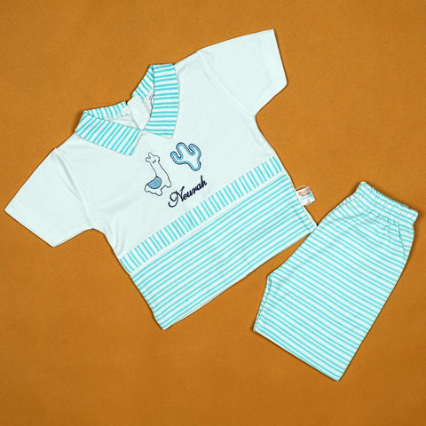 Newrah Llama 2-Piece Baby Boy Set – Soft Cotton Shirt and Striped Shorts | Babypro.pk