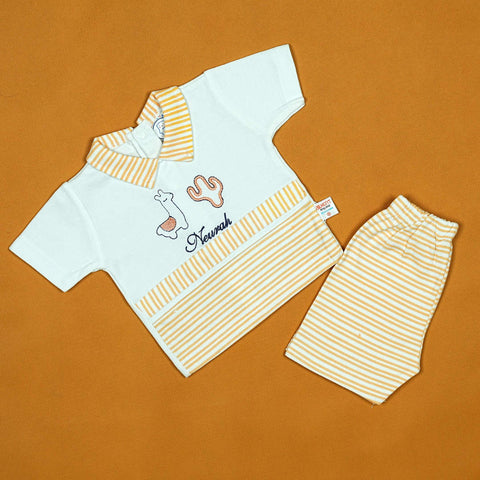 Newrah Llama 2-Piece Baby Boy Set – Soft Cotton Shirt and Striped Shorts | Babypro.pk