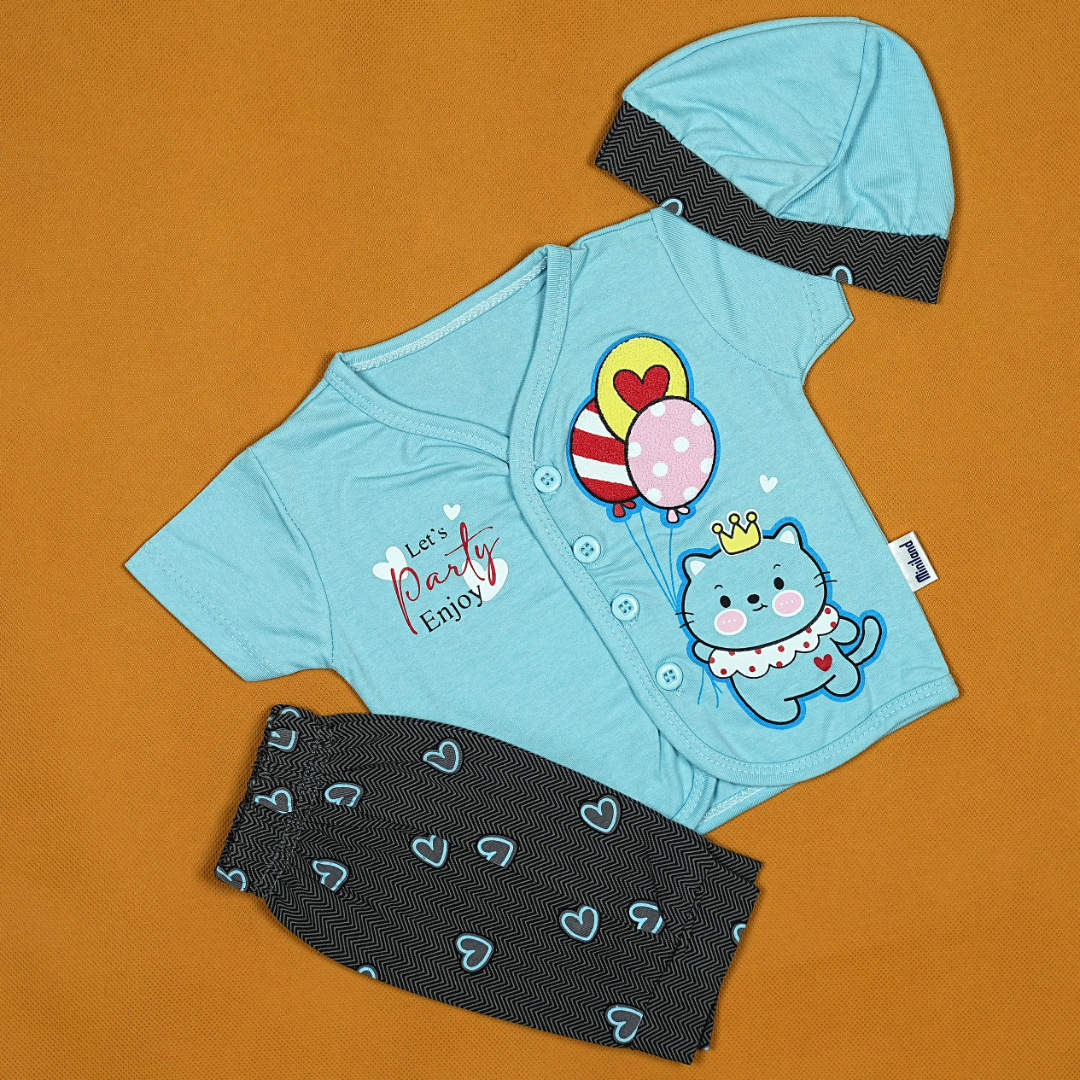 "Let's Party" 3-Piece Baby Boy Set – Soft Cotton Outfit with Cap & Pants | Babypro.pk