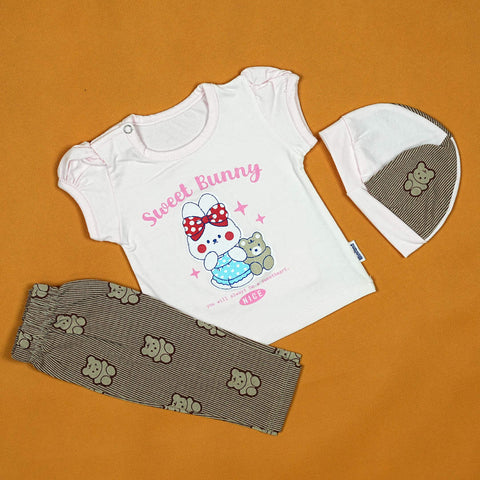 Sweet Bunny 3-Piece Baby Set – Soft Cotton Outfit with Adorable Bunny & Bear Print | Babypro.pk