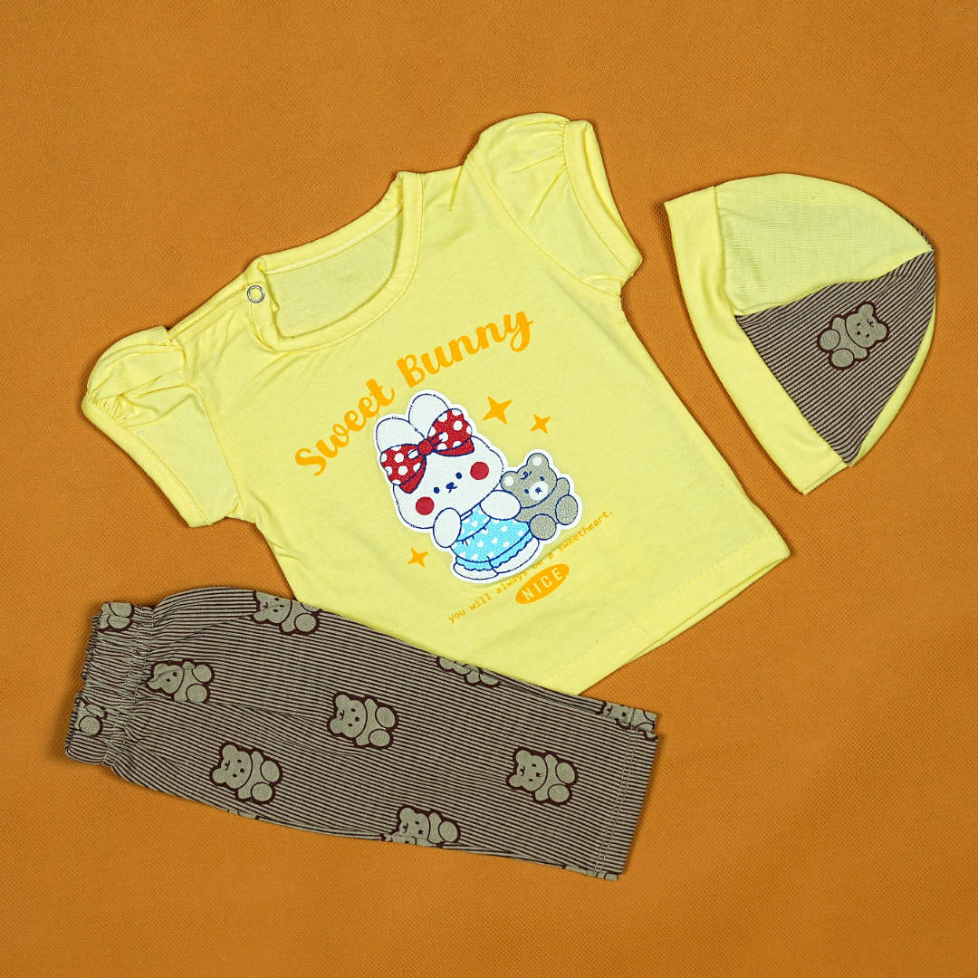 Sweet Bunny 3-Piece Baby Set – Soft Cotton Outfit with Adorable Bunny & Bear Print | Babypro.pk