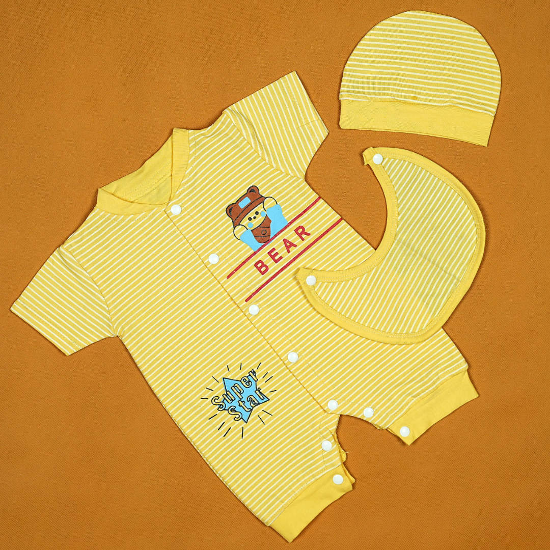 Bear Superstar 3-Piece Baby Boy Set – Soft Cotton Romper with Hat Bib | Babypr.pk