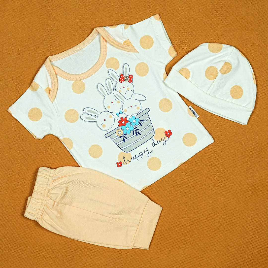 Happy Bunnies 3-Piece Baby Set – Soft Cotton Outfit for Boys and Girls | Babypro.pk