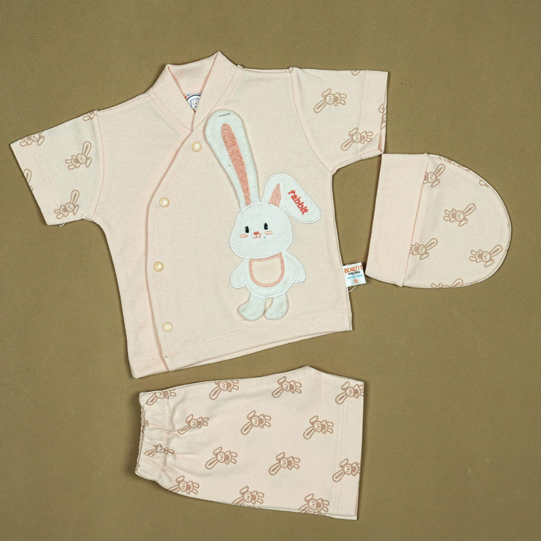 Bunny Fun Baby Outfit Set (3 Pcs) – Soft Cotton Shirt, Pants & Cap with Adorable Rabbit Print | Babypro.pk