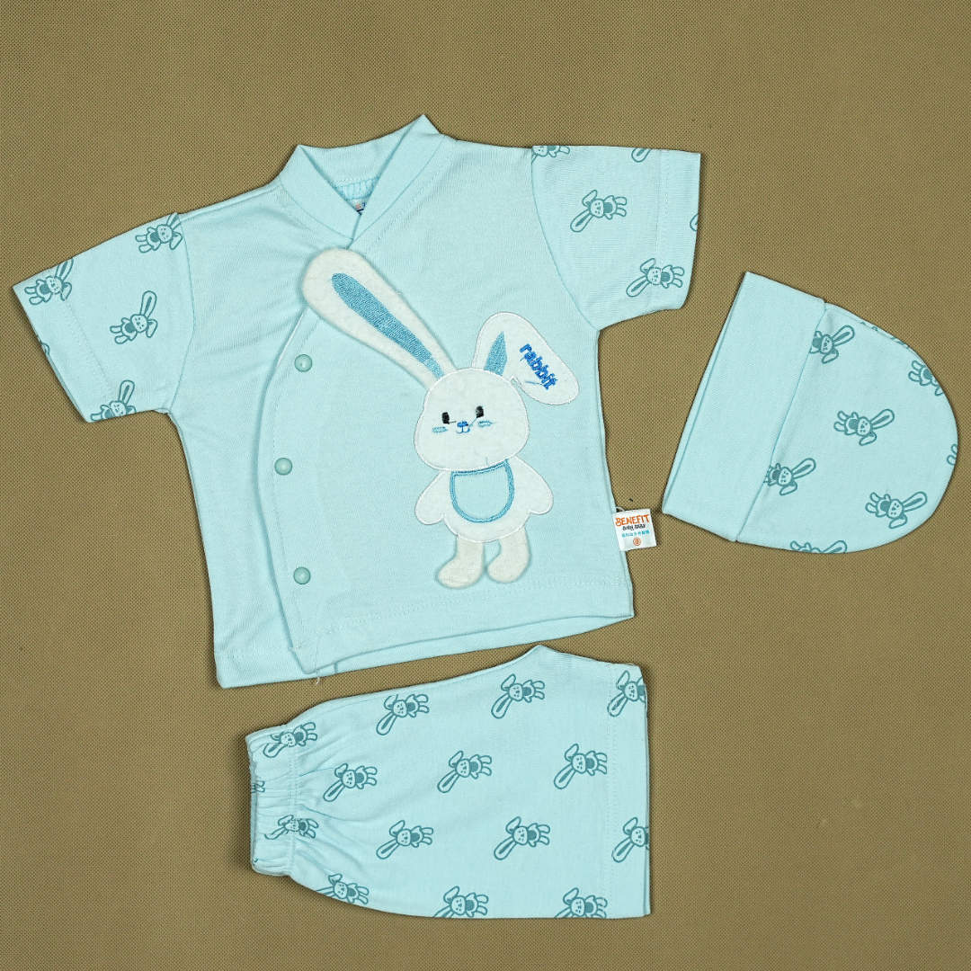 Bunny Fun Baby Outfit Set (3 Pcs) – Soft Cotton Shirt, Pants & Cap with Adorable Rabbit Print | Babypro.pk