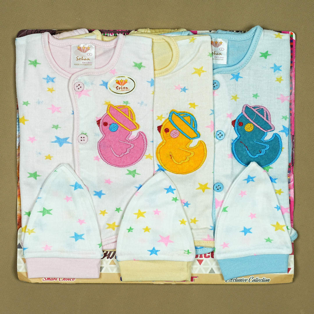 3-Piece Baby Clothing Set with Duckling Applique – Soft Cotton Shirt, Pants & Cap for Newborns | Babypro.pk