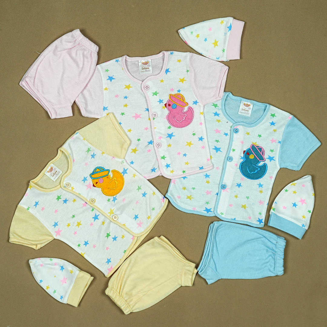 3-Piece Baby Clothing Set with Duckling Applique – Soft Cotton Shirt, Pants & Cap for Newborns | Babypro.pk