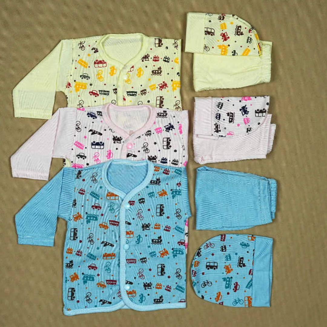 3-Piece Newborn Baby Set – Soft Cotton Shirt, Pants & Cap with Playful Vehicle Print | Babypro.pk