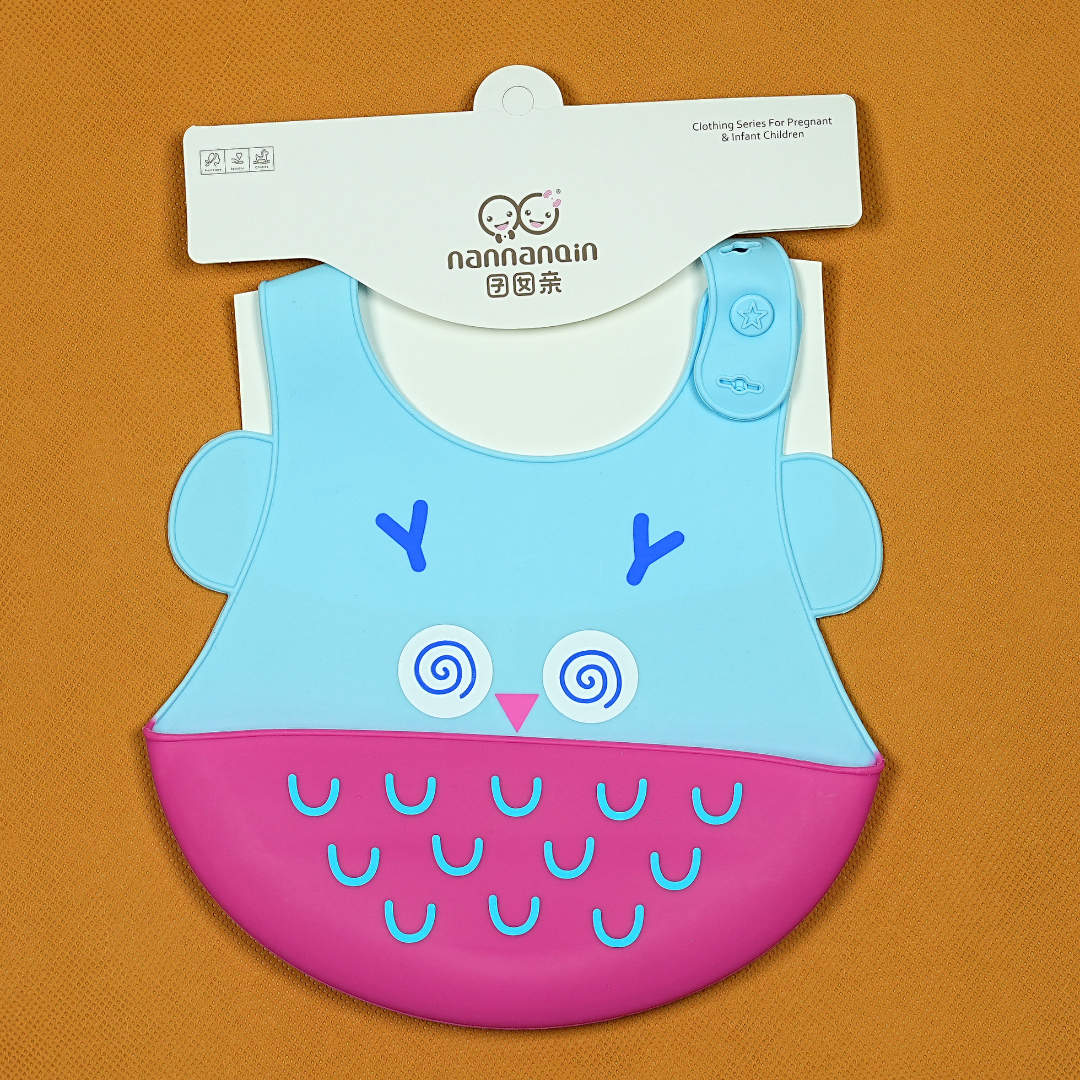 Best Baby Bib in Pakistan – Nannangin Waterproof Silicone Bib with Adorable Owl Design (Blue & Pink)