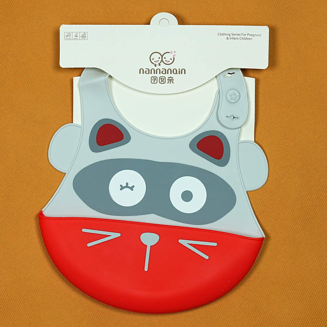 Best Baby Bib in Pakistan - Nannangin Waterproof Silicone Bib with Adorable Raccoon Face (Gray & Red)