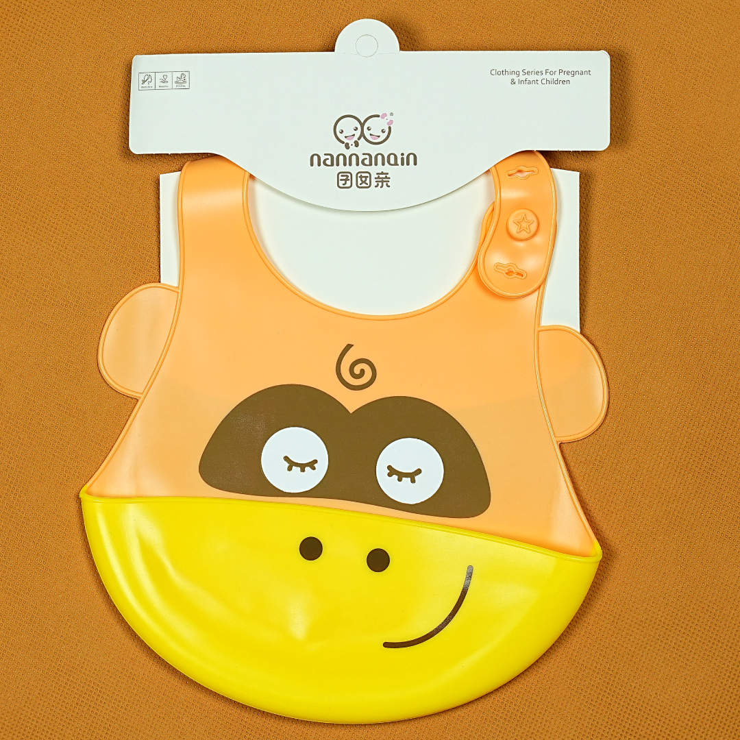 Best Baby Bib in Pakistan - Nannangin Waterproof Silicone Bib with Adorable Monkey Face (Orange & Yellow)