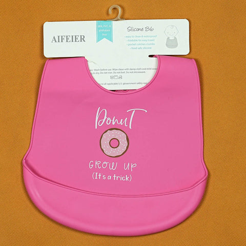 Aifeier Silicone Baby Bib - Easy-Clean Waterproof Bib with Funny "Donut Grow Up" Design (Pink)