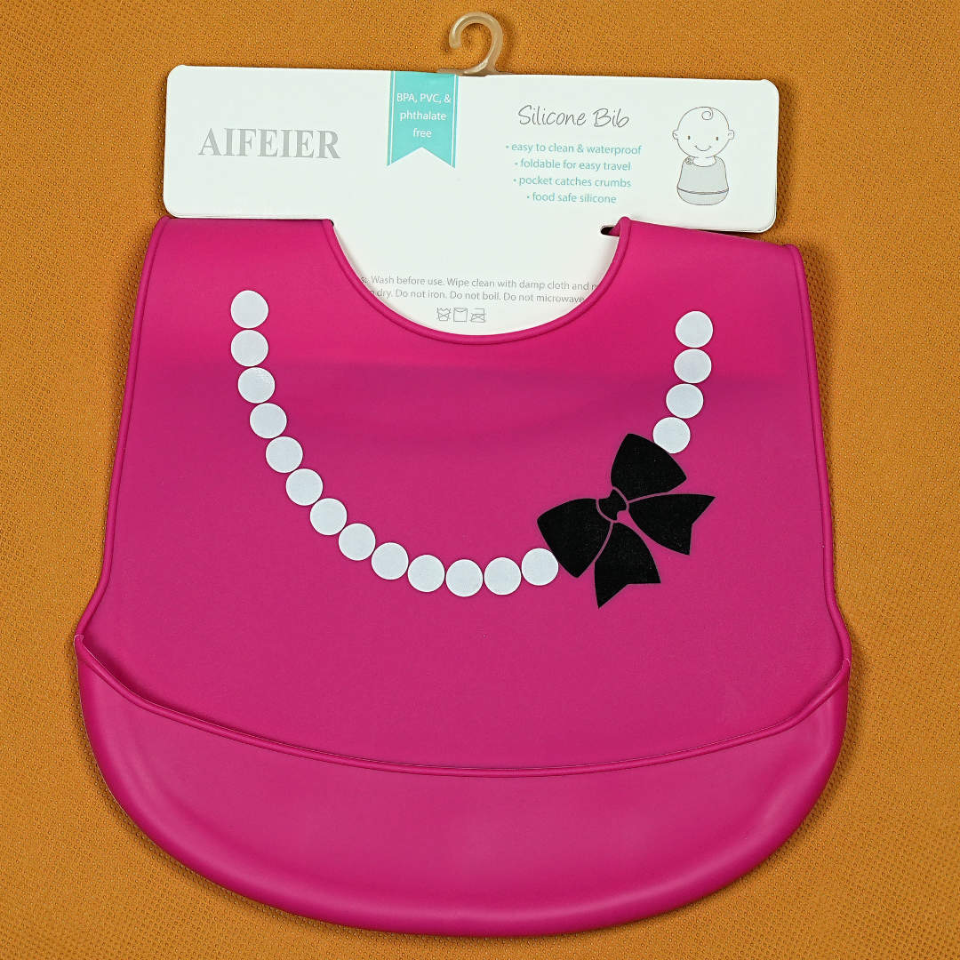 Aifeier Silicone Baby Bib - Easy-Clean Waterproof Bib with Elegant Pearl and Bow Design (Pink)