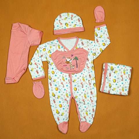 Adorable 7-Piece Baby Girl Gift Set | Soft Cotton Newborn Essentials (0-3 Months) | Pink Bodysuit, Animal Print Sleepsuit, Matching Bib & Mittens, Giraffe-Themed Hat & Wrap | Perfect Baby Shower Gift in Pakistan