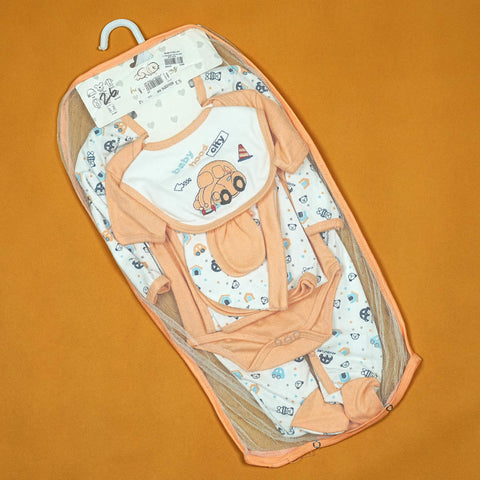 7-Piece Baby Boy Gift Set | Orange & White Car Theme (0-3 Months) | Bodysuit, Sleepsuit, Bib, Mittens, Hat & Wrap | Soft Cotton for Delicate Skin