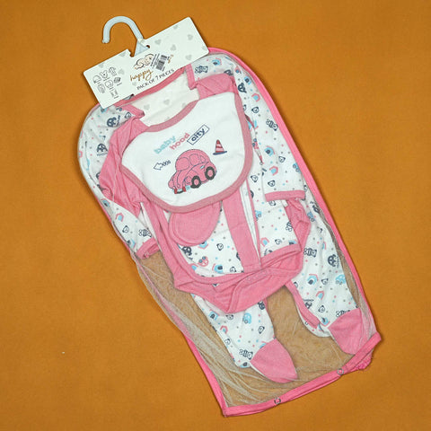 Adorable 7-Piece Baby Gift Set | Pink & White Car Print (0-3 Months) | Bodysuit, Sleepsuit, Bib, Mittens, Hat & Wrap | Soft Cotton for Delicate Skin