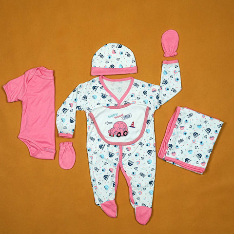 Adorable 7-Piece Baby Gift Set | Pink & White Car Print (0-3 Months) | Bodysuit, Sleepsuit, Bib, Mittens, Hat & Wrap | Soft Cotton for Delicate Skin