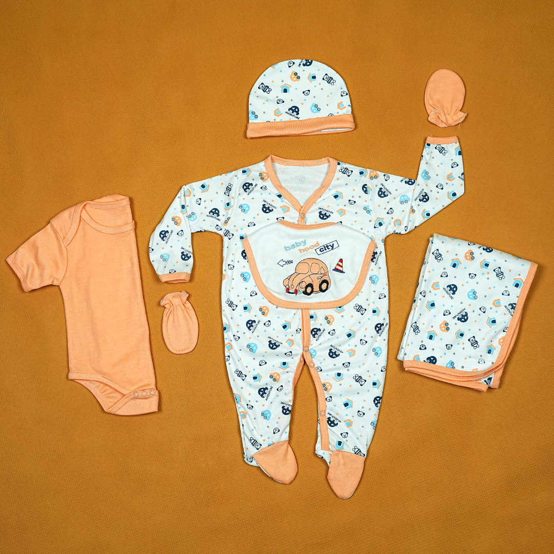 7-Piece Baby Boy Gift Set | Orange & White Car Theme (0-3 Months) | Bodysuit, Sleepsuit, Bib, Mittens, Hat & Wrap | Soft Cotton for Delicate Skin