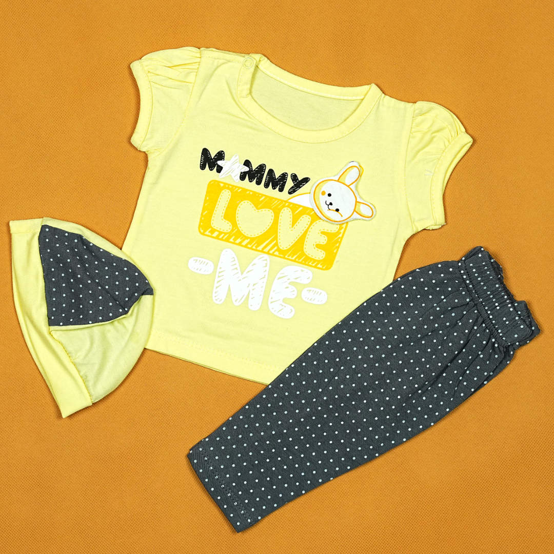 Mommy Love Me 3-Piece Baby Girl Set - Soft Cotton Outfit with Bunny Applique & Polka Dot Pants | Babypro.pk