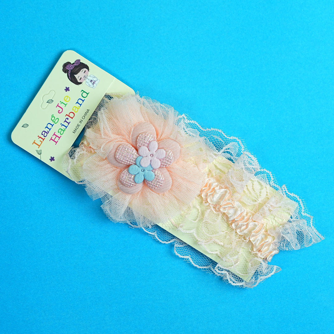 Baby Hair Accessories: Soft Peach Headband with Lace & Floral Details – BabyPro.pk