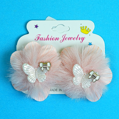 Adorable Pink Fluffy Hair Clips with Butterfly Accents for Baby Girls – BabyPro.pk