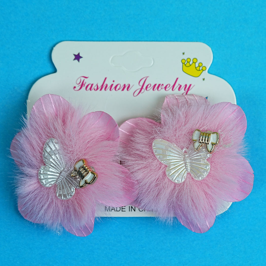 Fashionable Hair Clips for Little Girls: Pink Plush Hair Clips with Shimmering Butterfly Charms – BabyPro.pk