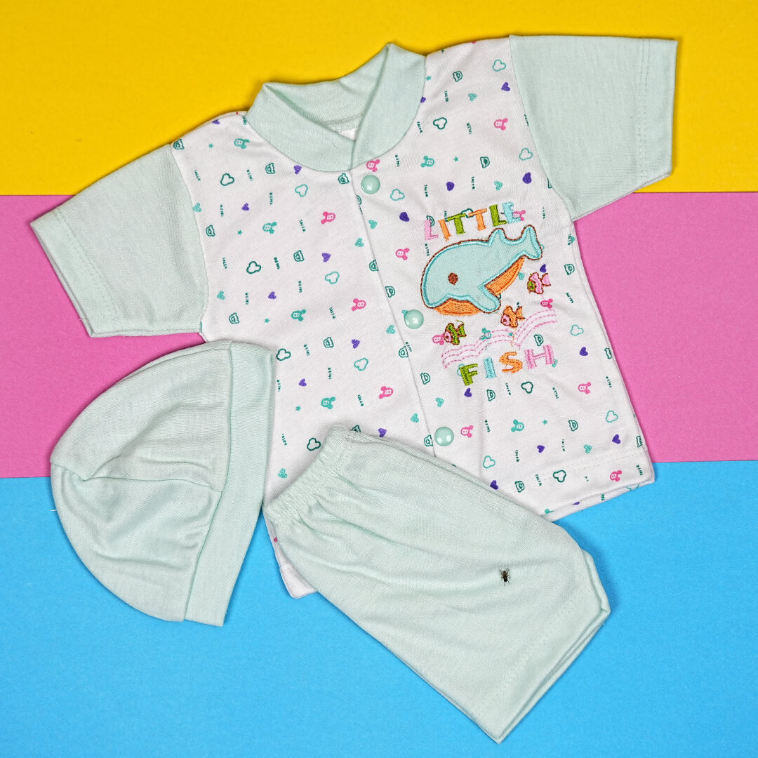 Babypro.pk: Adorable Newborn Boy Romper Set with Cap - "Little Fish" Design (0-3 Months)