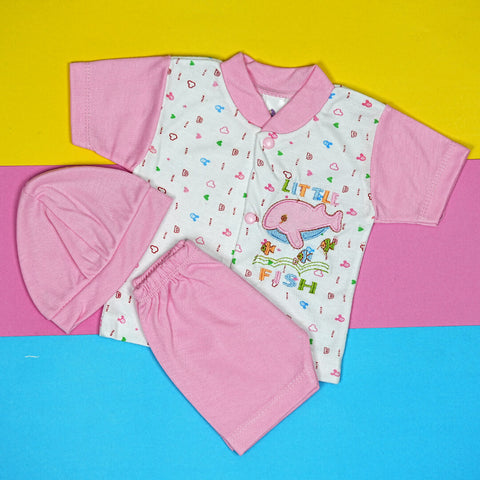 Babypro.pk: Adorable Newborn Boy Romper Set with Cap - "Little Fish" Design (0-3 Months)