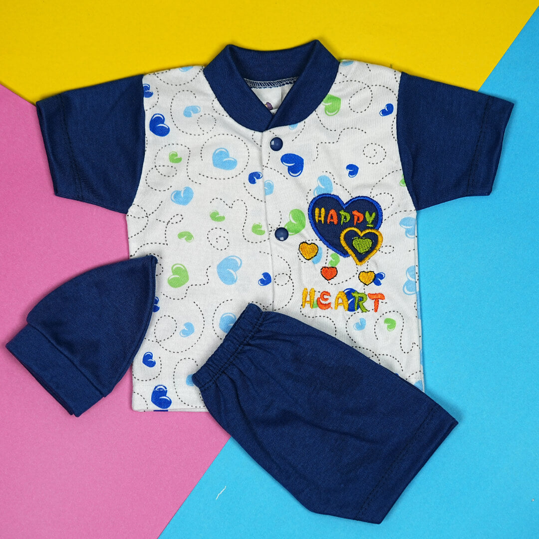 Babypro.pk: Adorable "Happy Heart" Newborn Boy Suit Set (Shirt, Shorts, & Cap) - Soft Cotton (0-3 Months)