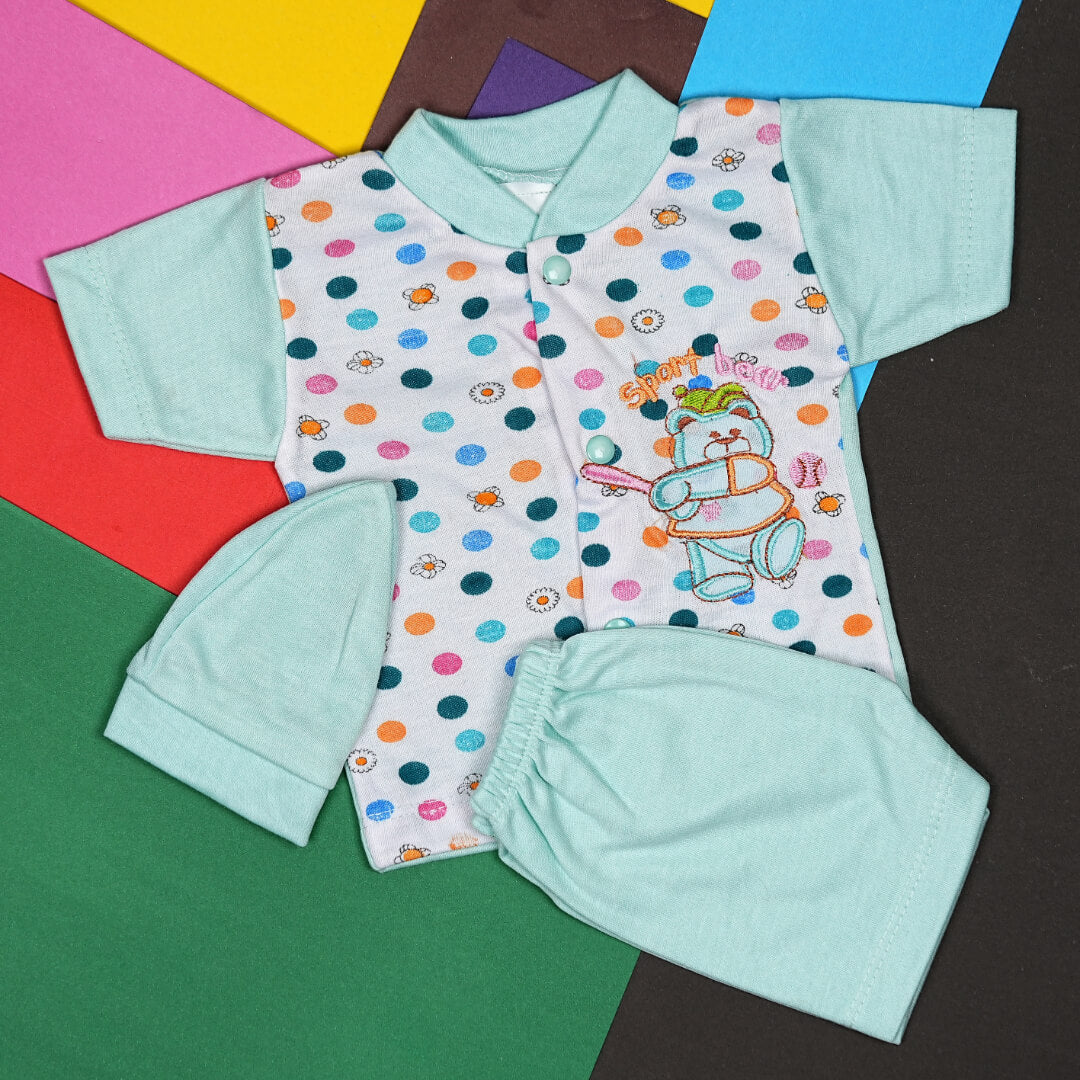 Babypro.pk: Adorable "Sport Bear" Newborn Boy Suit Set (Shirt, Shorts, & Cap) - Soft Cotton (0-3 Months)