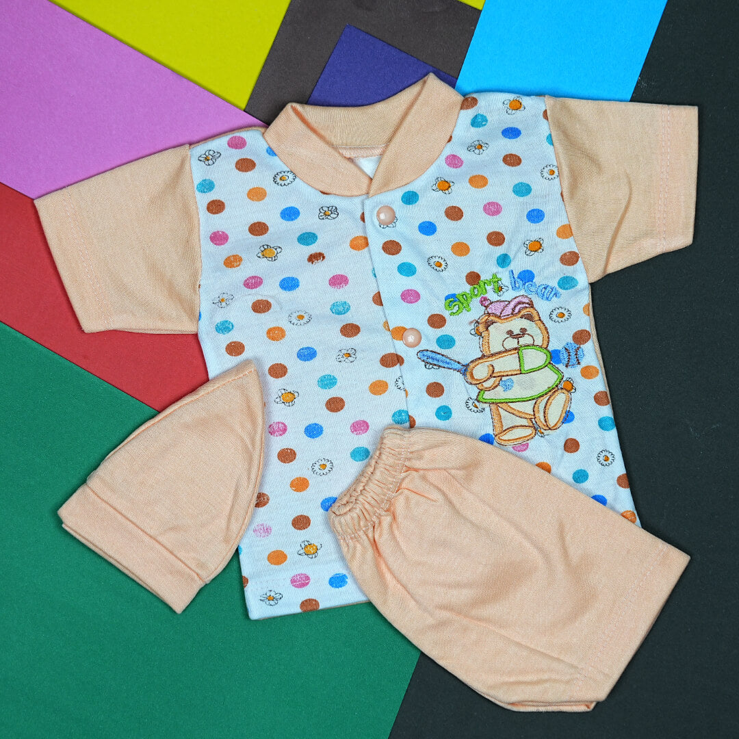 Babypro.pk: Adorable "Sport Bear" Newborn Boy Suit Set (Shirt, Shorts, & Cap) - Soft Cotton (0-3 Months)