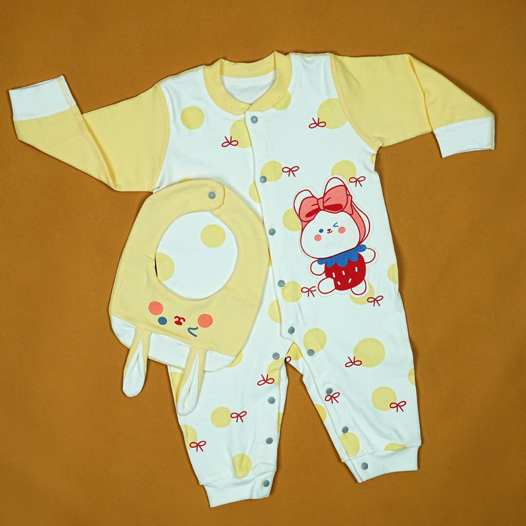 Imported Yellow Bunny Onesie & Bib Set | Premium Cotton | Playful Polka Dots | 6-15 Months