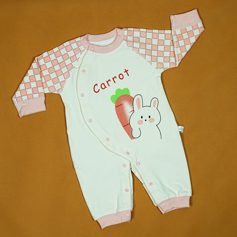 Imported Pink & White Bunny Onesie | Checkered Sleeves | Carrot Print | Premium Cotton | Newborn to 6 Months