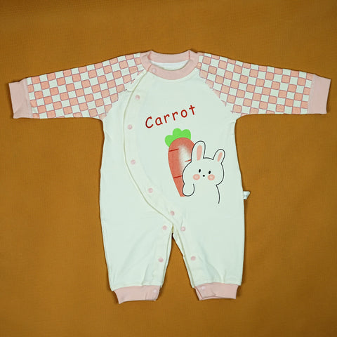 Imported Pink & White Bunny Onesie | Checkered Sleeves | Carrot Print | Premium Cotton | Newborn to 6 Months